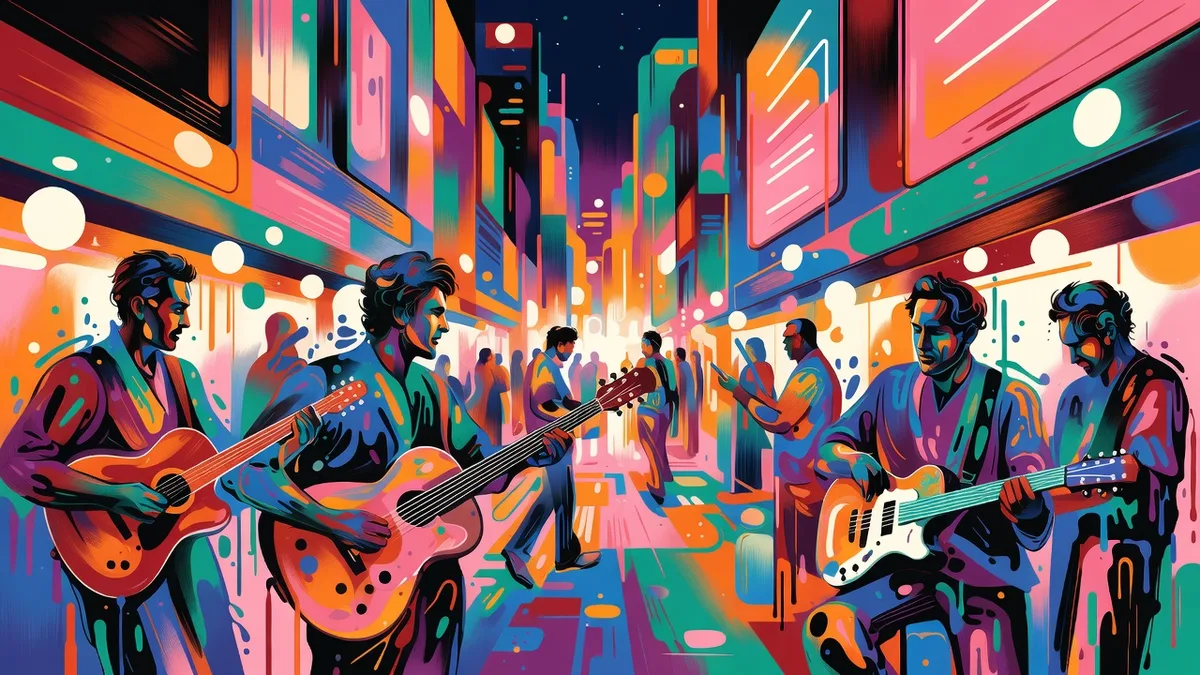 Sample image made with Waves: a street band playing guitars on a neon city street